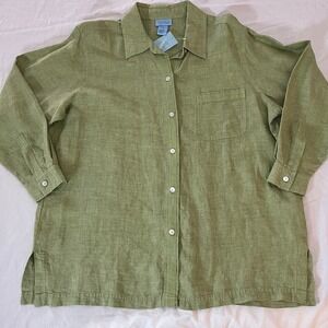 Sigrid Olsen SO Blue Womens 1X Linen Button Down Shirt Lagenlook Coastal Grandma